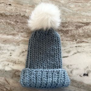 Blue & White Faux Fur Pom Winter Cable Knit Beanie- Cold Weather/ Ski /Snowboard